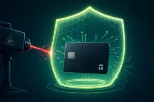 Laserstrahl trifft auf eine schwarze Karte hinter einem leuchtenden Schild.