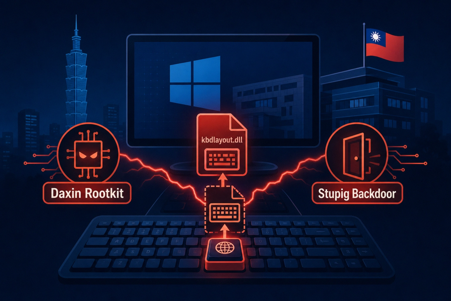 Visual representation of Daxin Rootkit and Stupig Backdoor threats in Taiwan.