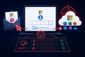 Illustration showing phishing targeting Microsoft 365 users and login credentials.