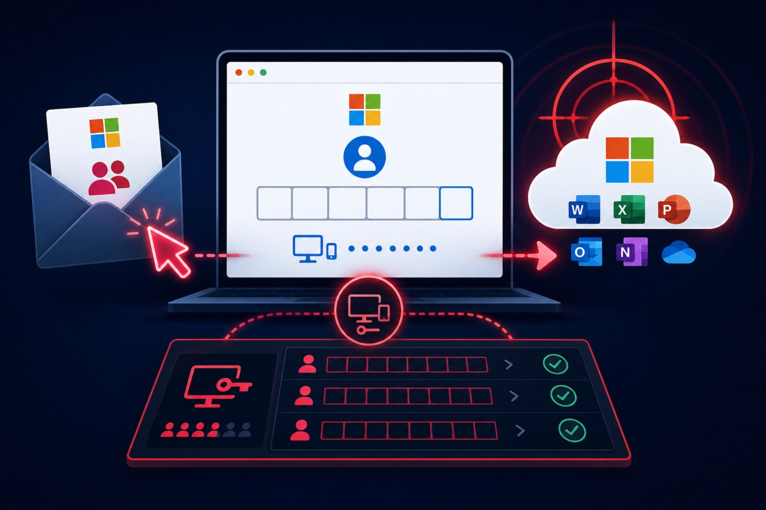 Illustration showing phishing targeting Microsoft 365 users and login credentials.