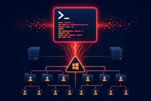 Visual representation of AI-assisted attacks on networks, featuring servers and users.
