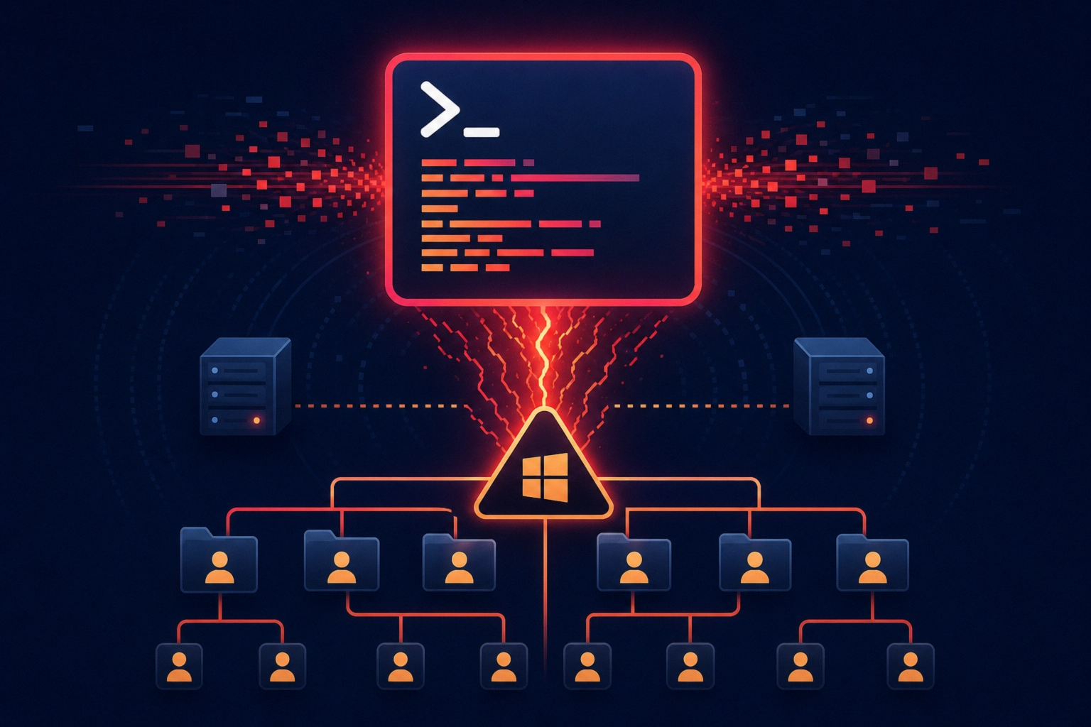 Visual representation of AI-assisted attacks on networks, featuring servers and users.