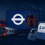Computer mit Londoner Verkehrssymbol und Spinnensymbol, umgeben von Transportfahrzeugen.