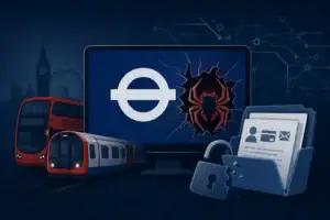 Computer mit Londoner Verkehrssymbol und Spinnensymbol, umgeben von Transportfahrzeugen.