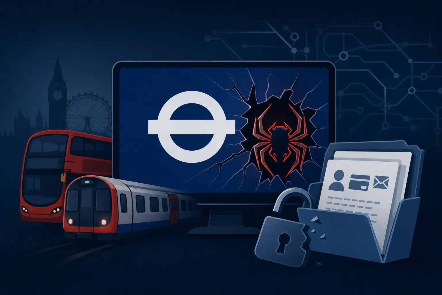 Компьютерный экран с логотипом TfL и пауком на фоне лондонских транспортных средств.