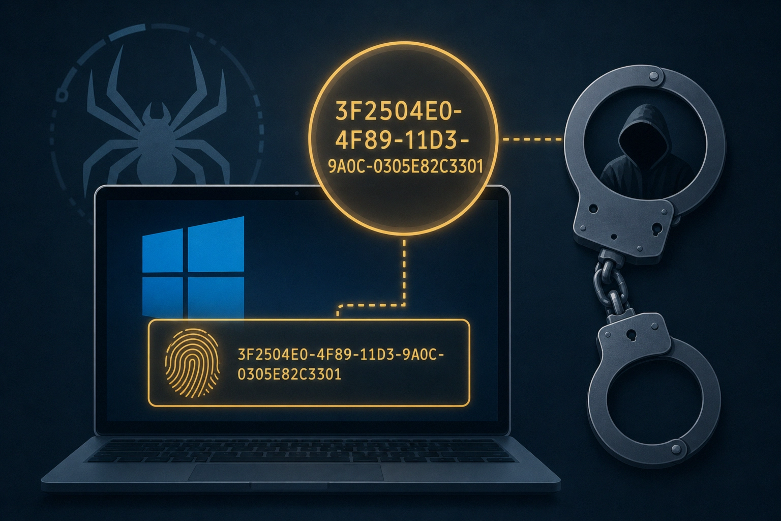 Graphic depicting a laptop with hacking elements and handcuffs, relating to cybersecurity.