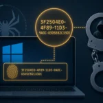 Laptop mit Windows-ID, Fingerabdruck und Handschellen, Spinne im Hintergrund.