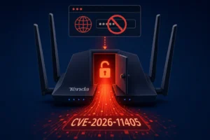 Tenda router with a security breach illustration and CVE-2026-11405 label.
