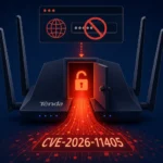 Тенда роутер з ілюстрацією уразливості CVE-2026-11405 та закритими даними.