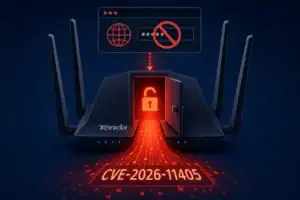 Tenda router con puerta abierta y alerta sobre CVE-2026-11405.