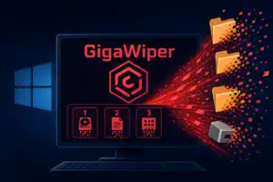 ** Interfaz de computadora mostrando el logo de GigaWiper con archivos destruidos.