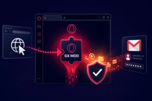Graphic illustrating GX Mods data flow and security features in Opera GX.