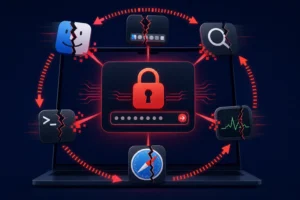 Grafische Darstellung eines Mac-Bildschirms mit gesperrtem Passwortfeld und Symbolen.