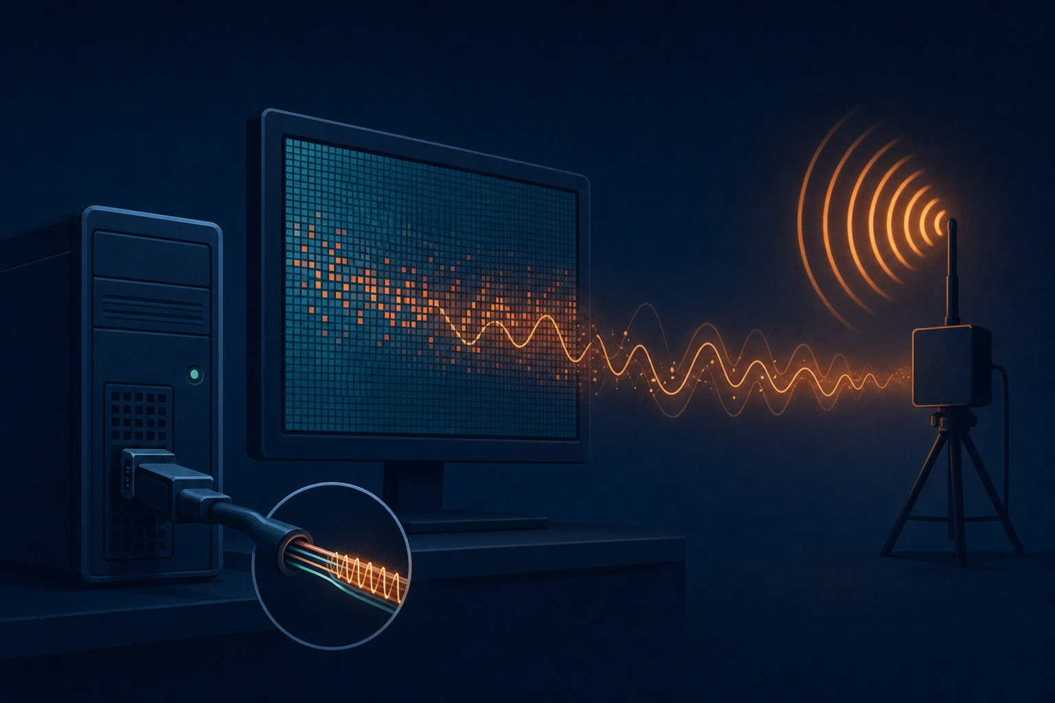 Visual representation of data transmission from a computer to a receiver.