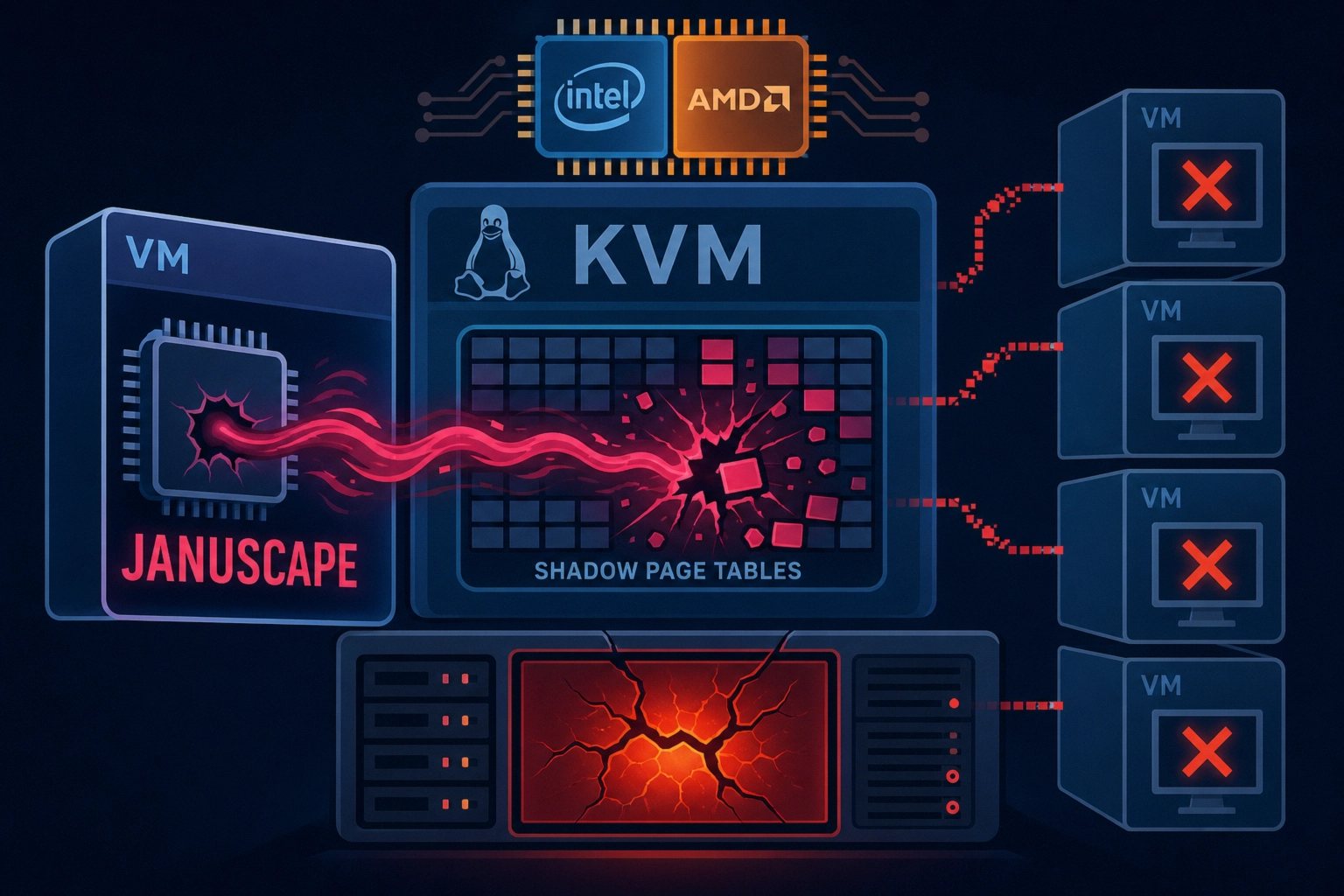 Visual representation of KVM Januscape bug in Linux Kernel highlighting security risks.