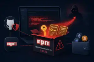 Caja abierta de npm con clave privada y frase mnemotécnica saliendo hacia un hacker.
