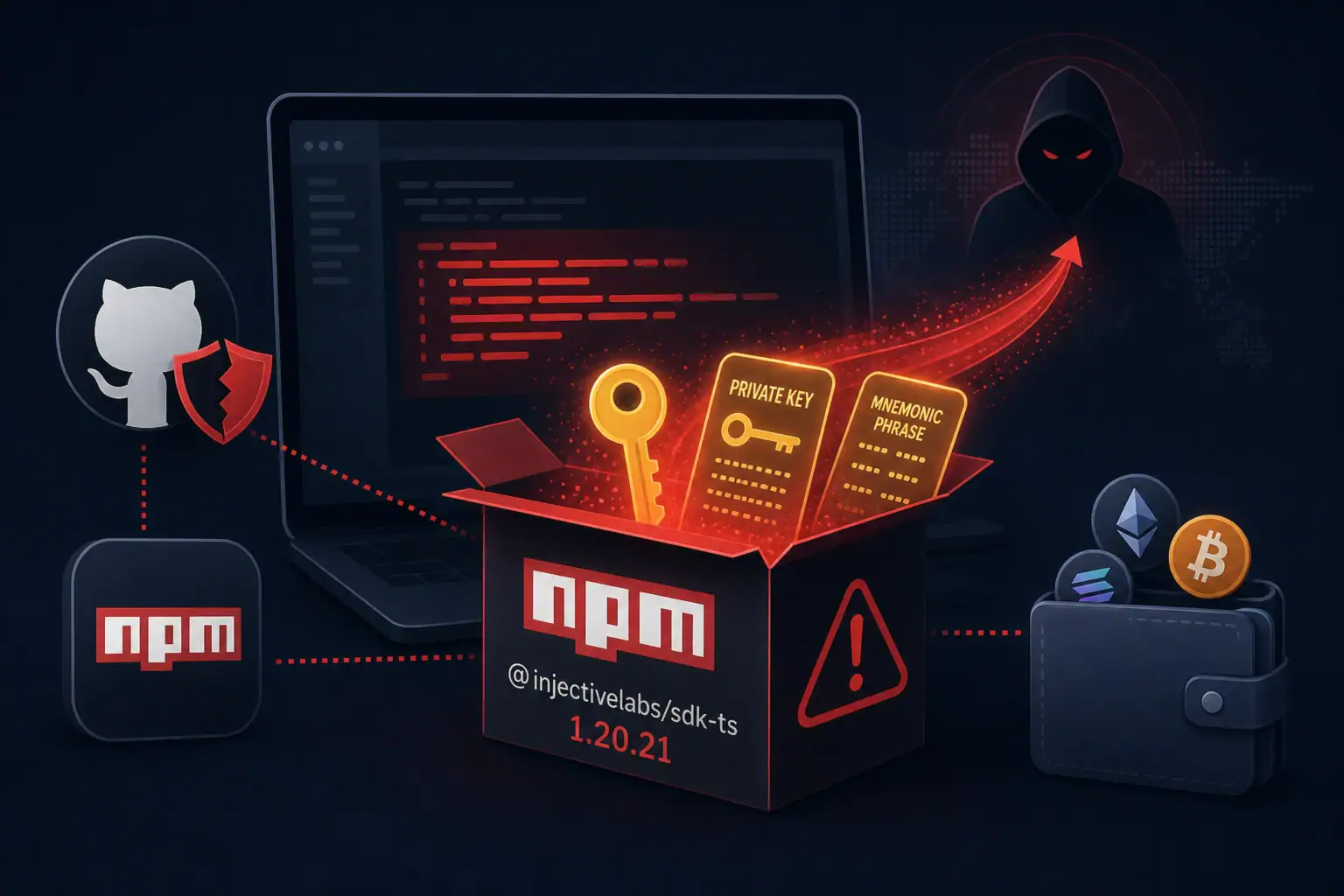 Caja abierta de npm con clave privada y frase mnemotécnica saliendo hacia un hacker.