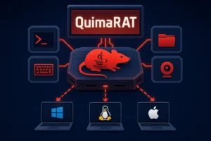 QuimaRAT visualization connects Windows, macOS, and Linux with iconography.