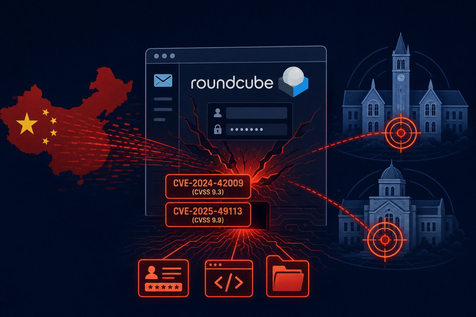 Visual representation of Roundcube vulnerabilities linked to China.