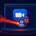 Zoom-Logo mit Symbolen für Datenschutz und Cyberangriff.
