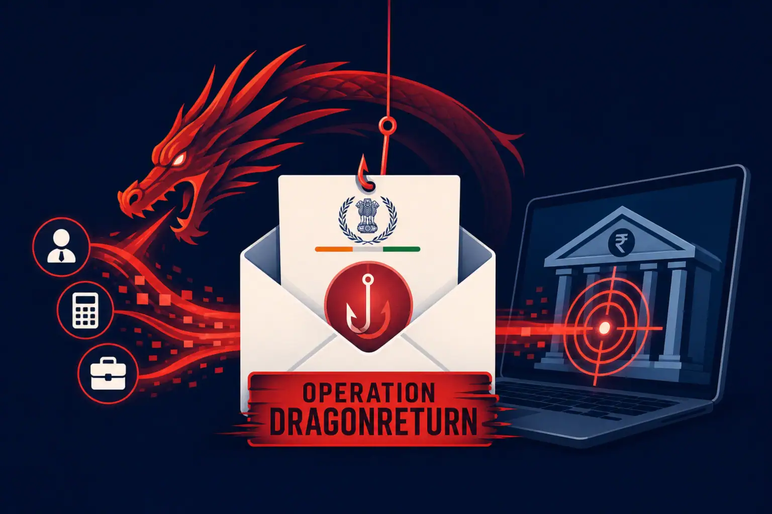 Логотип операції DragonReturn з елементами комп'ютерної графіки і червоним драконом.