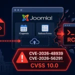 Joomla interface highlighting critical RCE vulnerabilities with warnings.