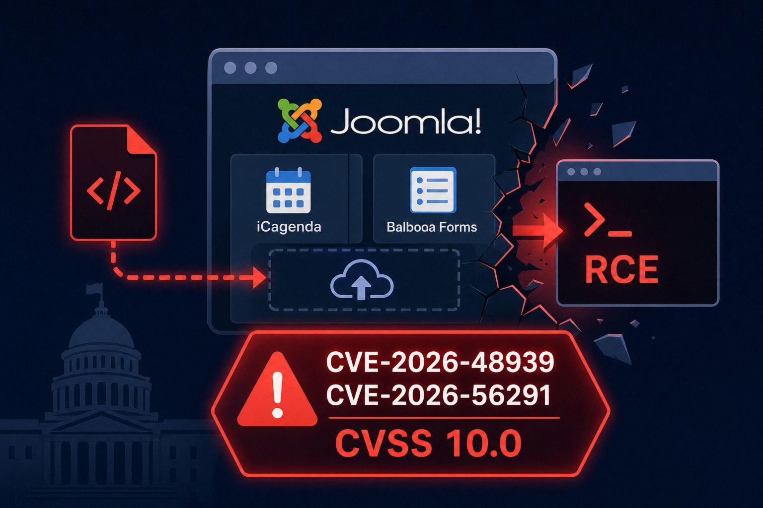 Joomla interface highlighting critical RCE vulnerabilities with warnings.