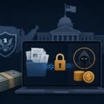 Digital illustration depicting a ransomware attack on US government data.