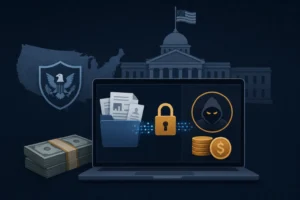 Laptop zeigt Datenübertragung zwischen einem Ordner und Symbolen für Cyberkriminalität.