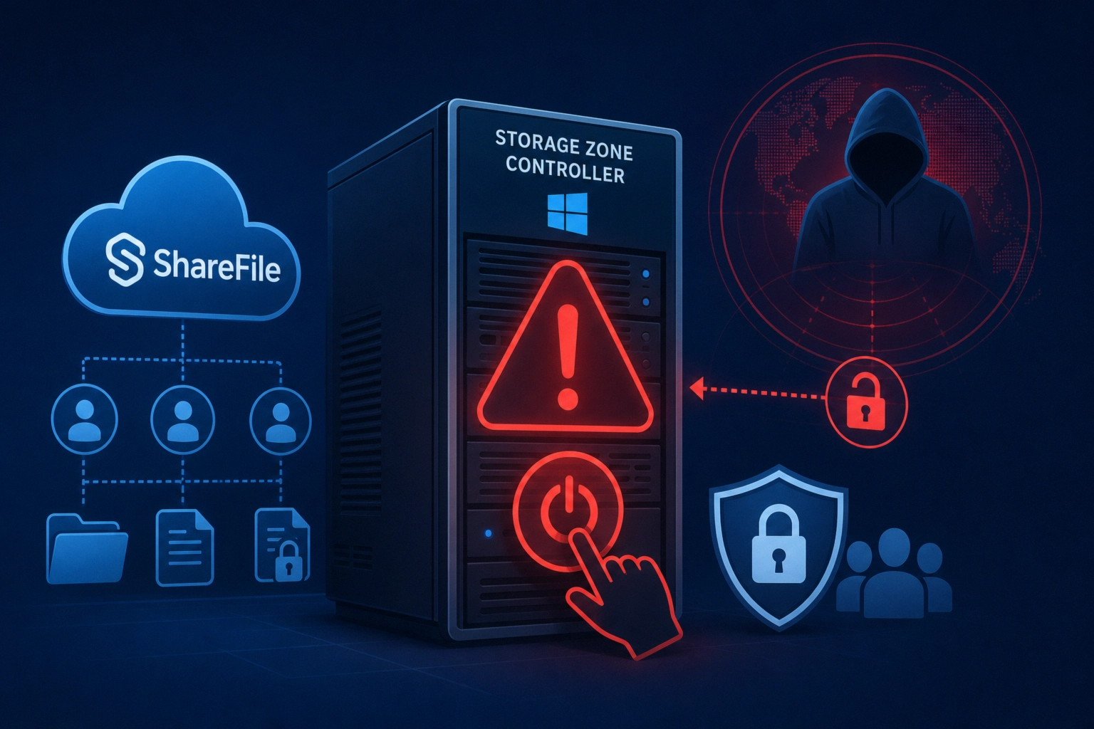 ShareFile storage zone controller displaying shutdown alert and security icons.