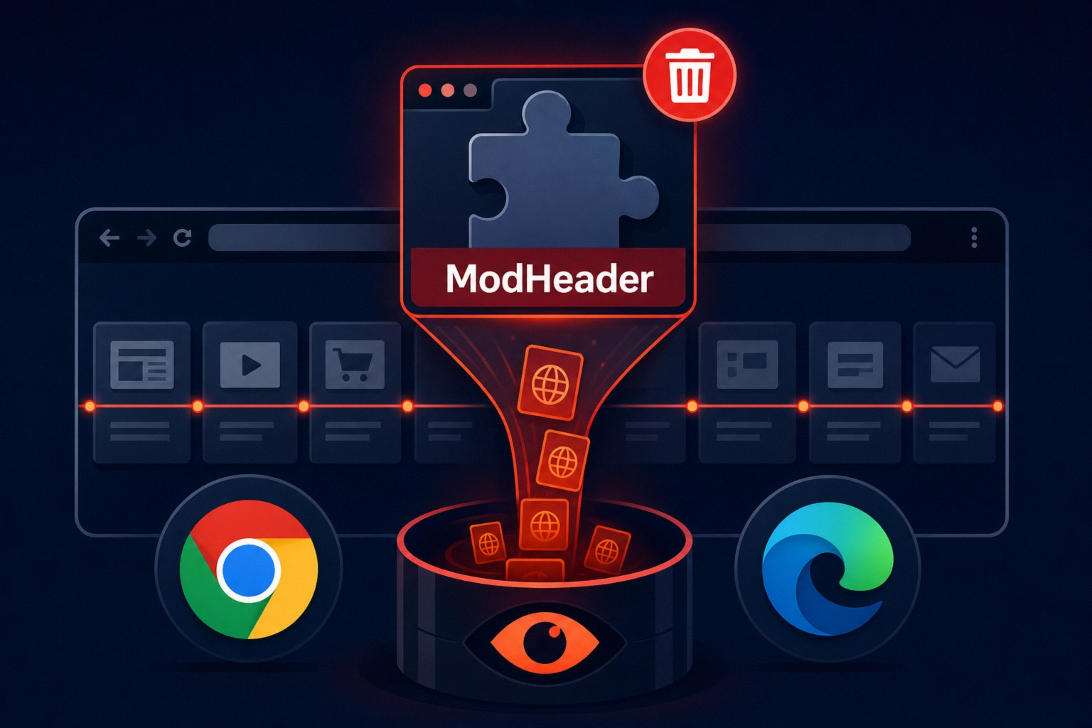 ModHeader extension graphic highlighting privacy concerns and browser icons.
