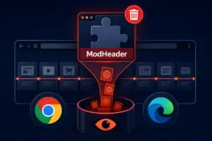 ModHeader-Logo mit Datenfluss, umgeben von Browser-Symbolen und einem Auge-Symbol.