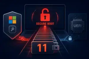 Visual representation of Secure Boot concepts with UEFI and Microsoft's role.