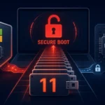 Логотипи Microsoft та UEFI, зображення комп'ютера, зламана іконка Secure Boot.