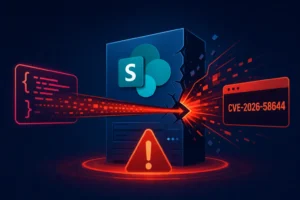 Grafische Darstellung eines Sicherheitsproblems in SharePoint mit Warnsymbol.