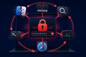Визуализация атак на macOS с паролем и поврежденными иконками приложений.