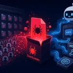 AI agent interacts with SmartLoader malware in an abstract digital space.