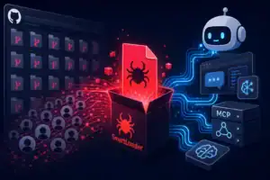 AI agent interacts with SmartLoader malware in an abstract digital space.