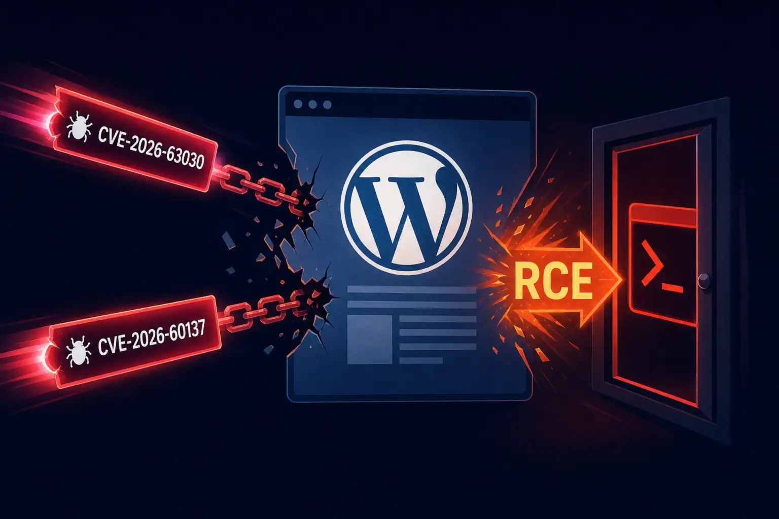 WordPress logo with chains breaking and an RCE symbol emerging from a door.