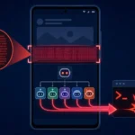 Mobile screen displaying AI bots and code, illustrating RCE attacks.