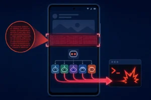 Mobile screen displaying AI bots and code, illustrating RCE attacks.
