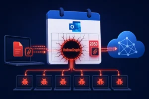 Graphic illustrating the HollowGraph backdoor in Microsoft 365 Calendar.