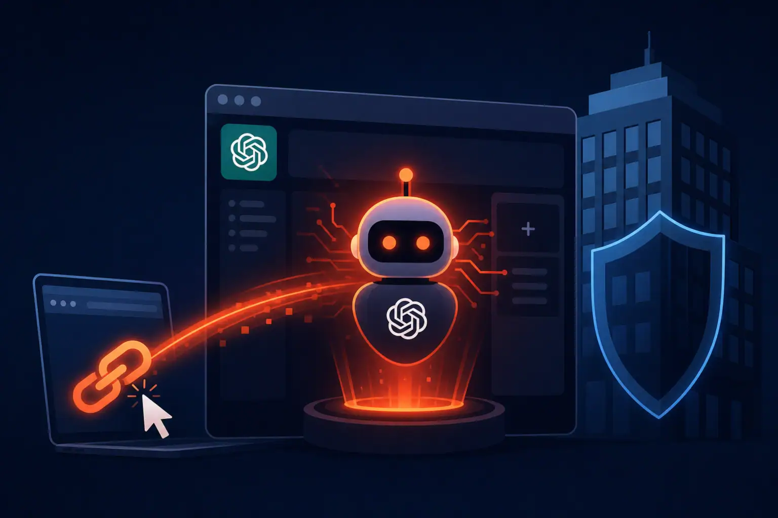 Digital illustration of a chatbot emphasizing cybersecurity concepts.