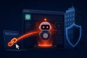 Leuchtende Darstellung eines Chatbots mit Cybersecurity-Elementen.