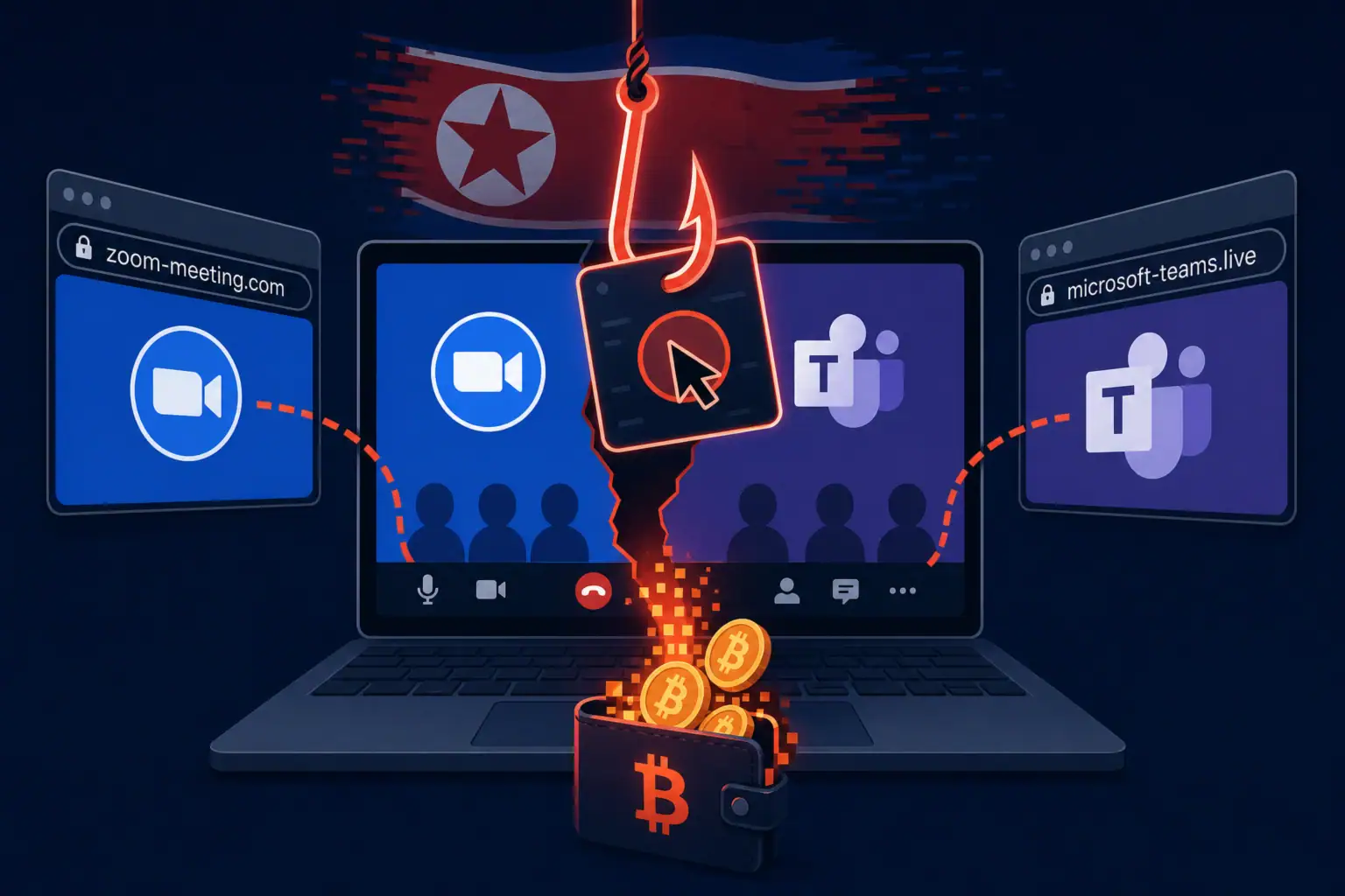 Zoom and Teams icons linked to a phishing hook and a Bitcoin wallet.