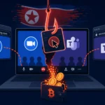 Manipulación digital que ilustra el phishing en criptomonedas por Zoom y Teams.