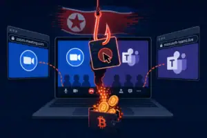 Мобильный компьютер с иконками Zoom и Teams, ловящими биткойны.