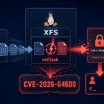 Diagram illustrating the RefluXFS Linux XFS Reflink vulnerability CVE-2026-64600.