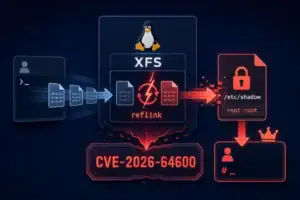 Diagram illustrating the RefluXFS Linux XFS Reflink vulnerability CVE-2026-64600.