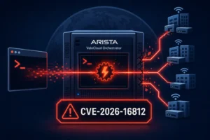 Arista VeloCloud Orchestrator with CVE-2026-16812 warning and network connections.